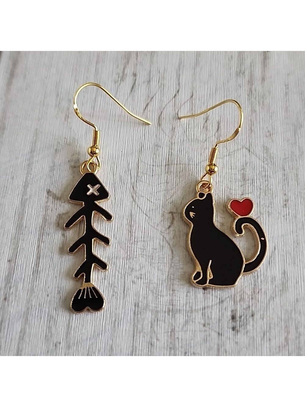 Cat Fish Heart  Asymetrical  Gold Tone Earrings 925 S Sterling post EO